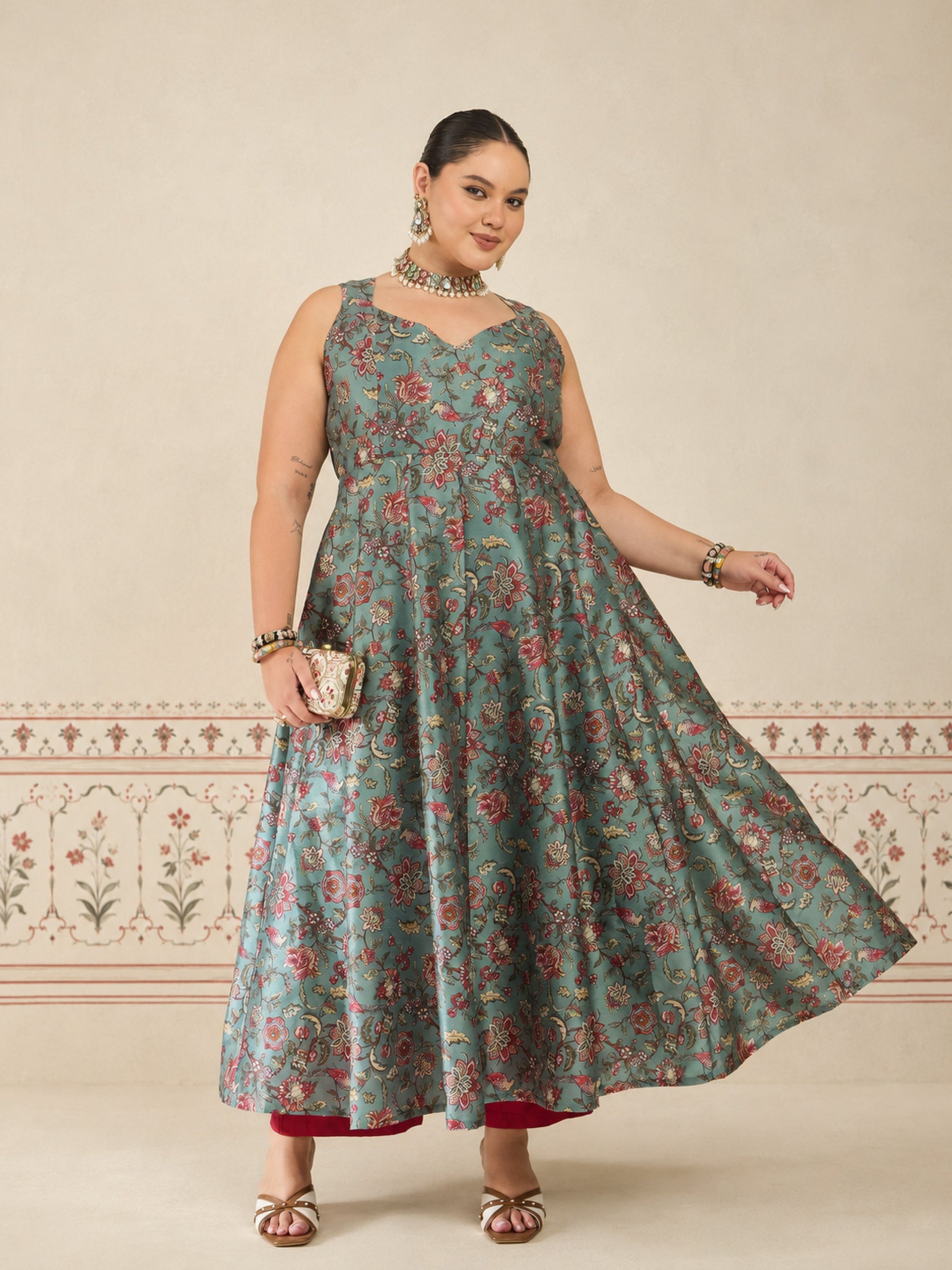 Olive Floral Sleeveless Anarkali Maxi Dress-Shae by SASSAFRAS