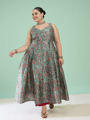 Olive Floral Sleeveless Anarkali Maxi Dress-Shae by SASSAFRAS