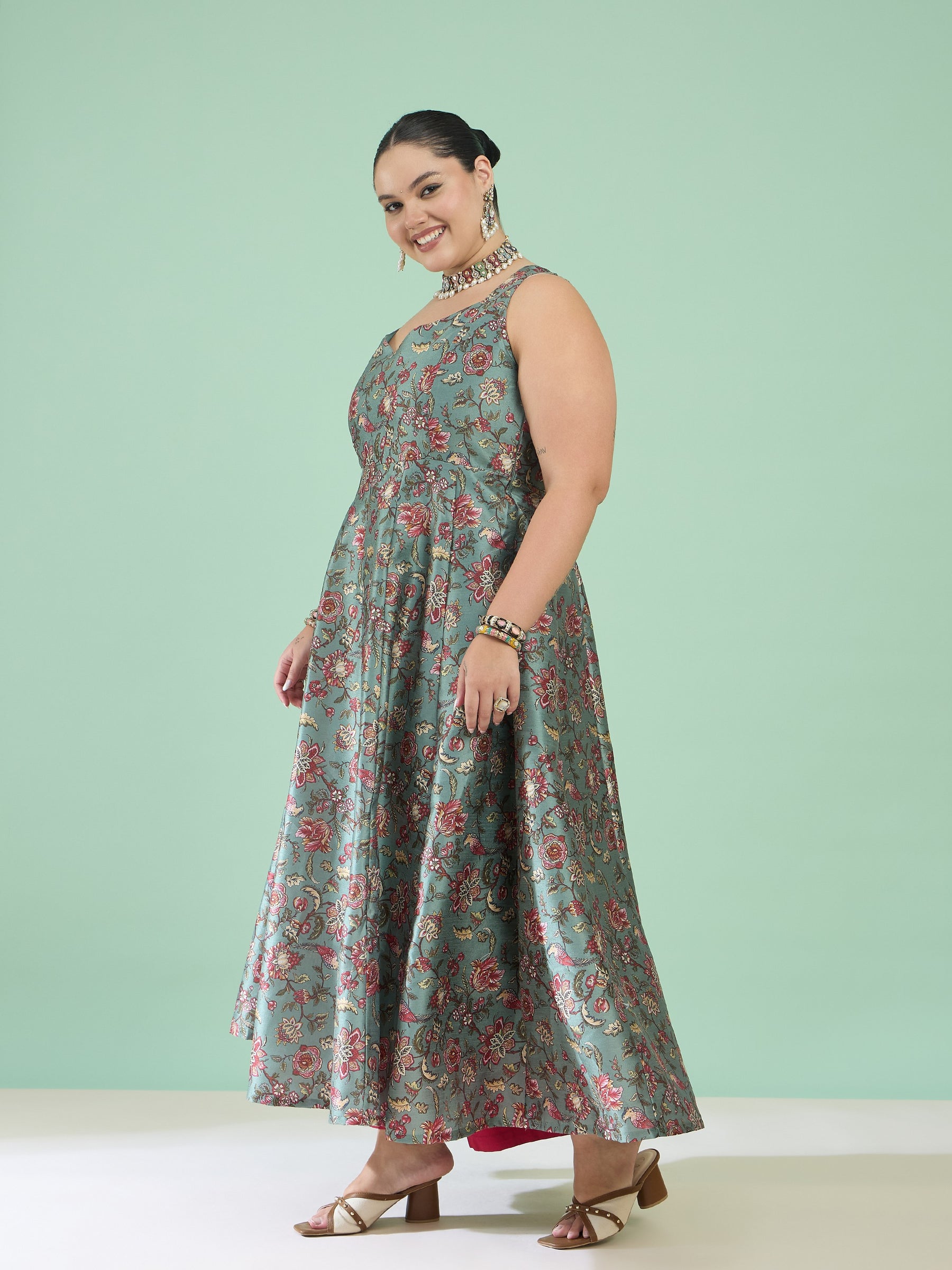 Olive Floral Sleeveless Anarkali Maxi Dress-Shae by SASSAFRAS