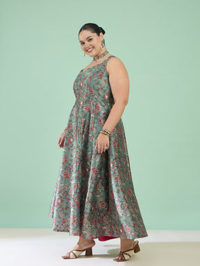 Olive Floral Sleeveless Anarkali Maxi Dress-Shae by SASSAFRAS
