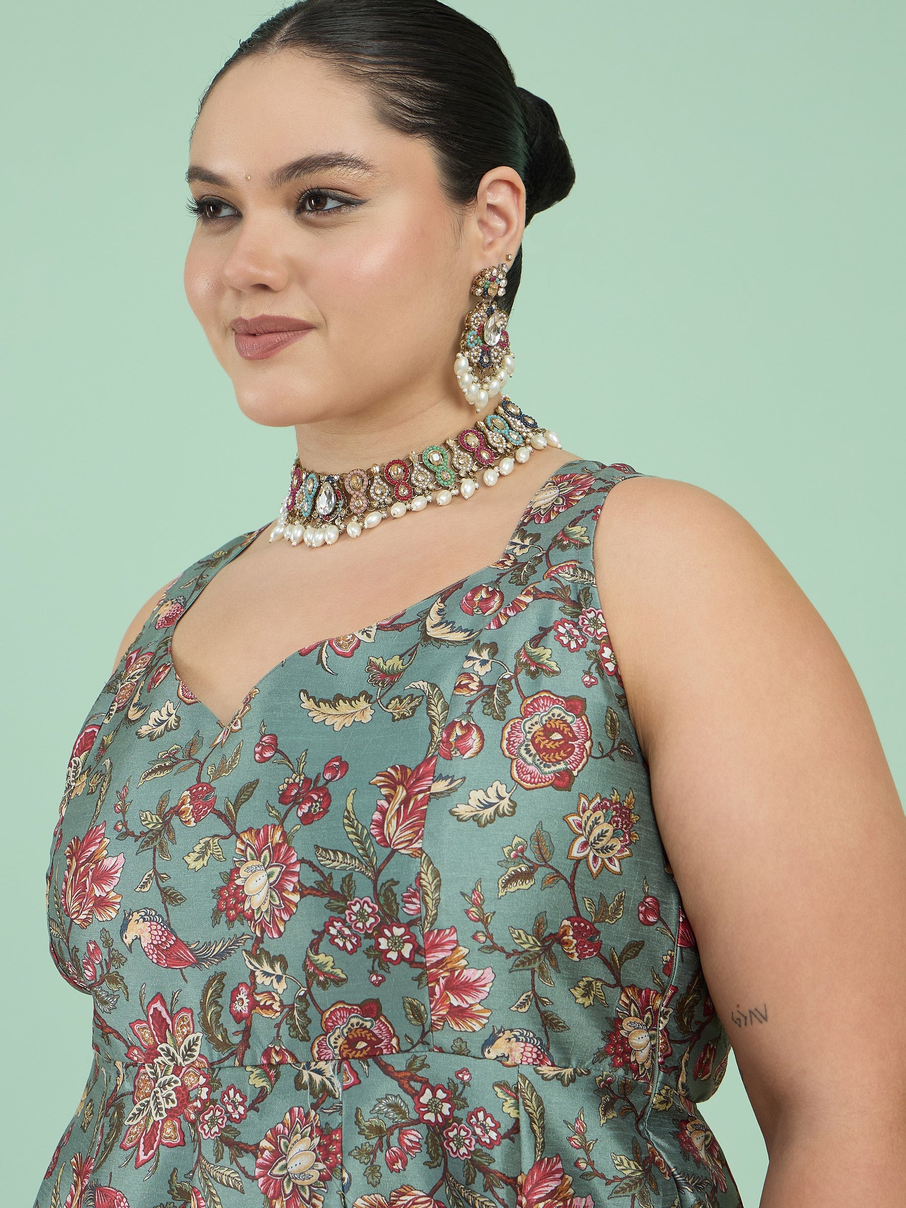Women Olive Floral Sleeveless Anarkali Maxi Dress