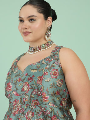 Women Olive Floral Sleeveless Anarkali Maxi Dress