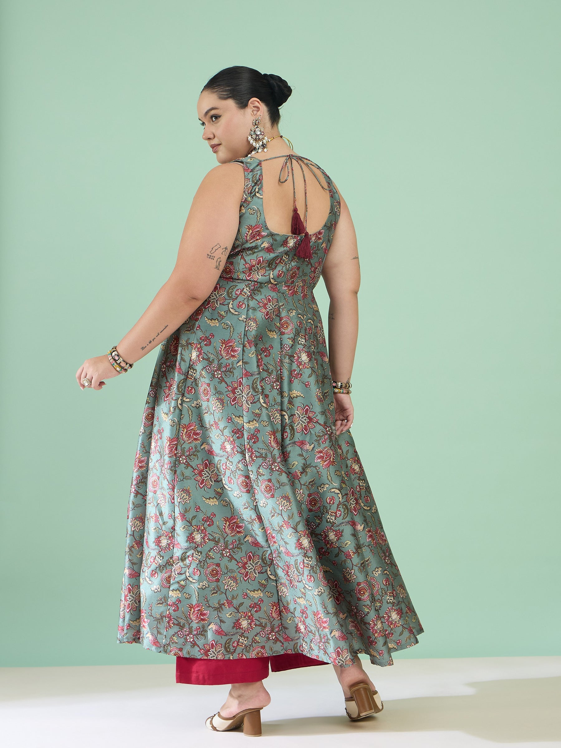 Women Olive Floral Sleeveless Anarkali Maxi Dress