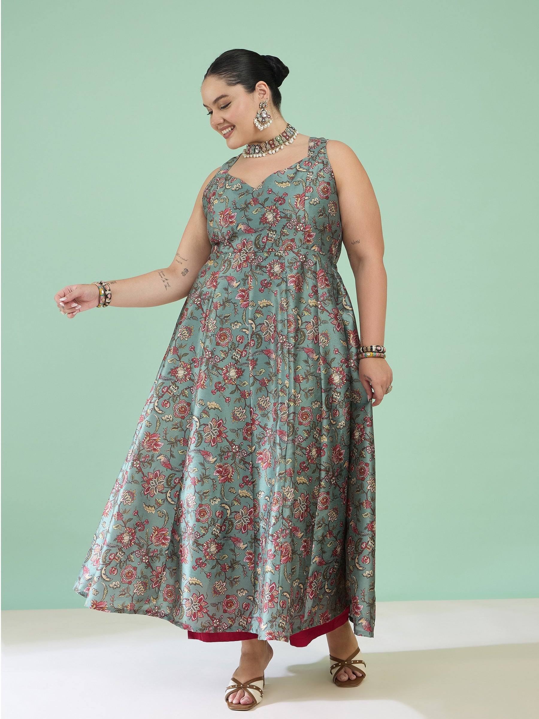 Women Olive Floral Sleeveless Anarkali Maxi Dress