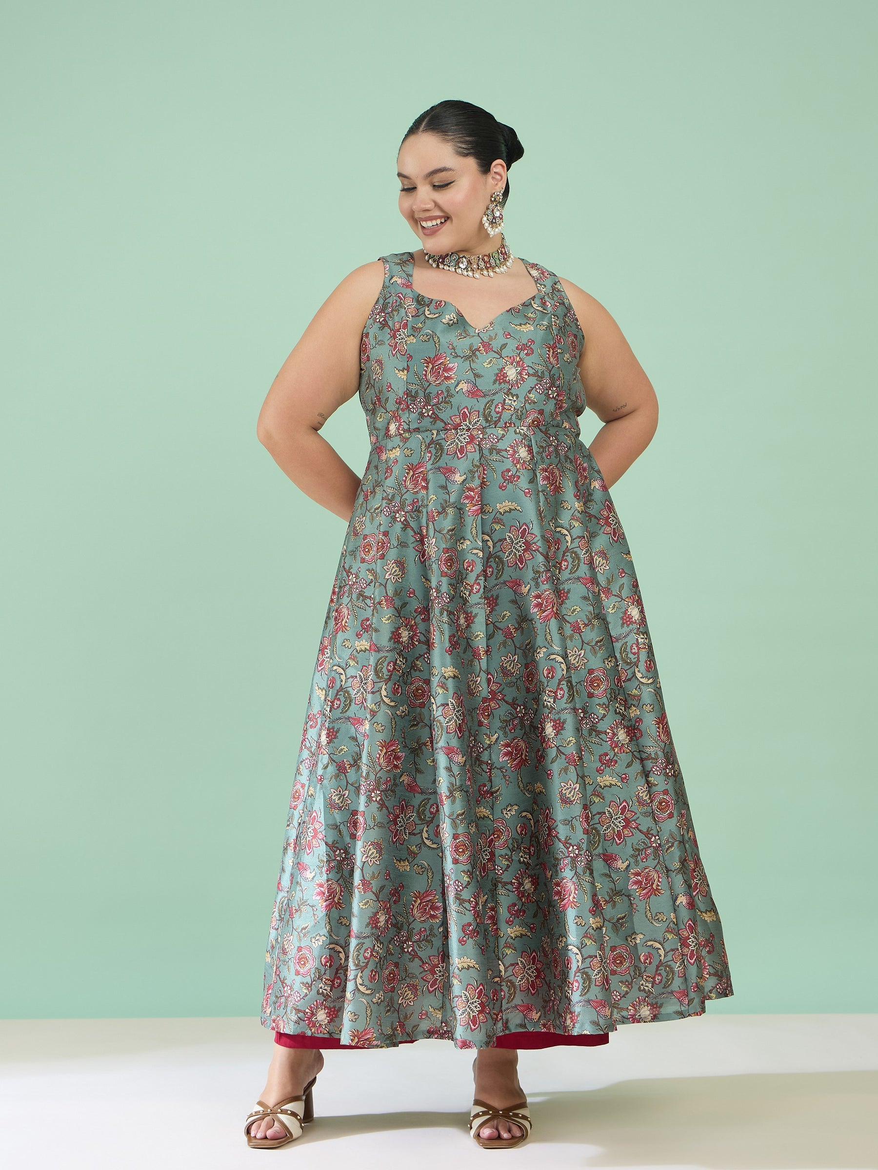 Women Olive Floral Sleeveless Anarkali Maxi Dress