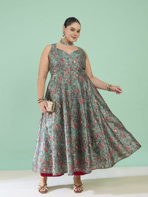 Women Olive Floral Sleeveless Anarkali Maxi Dress