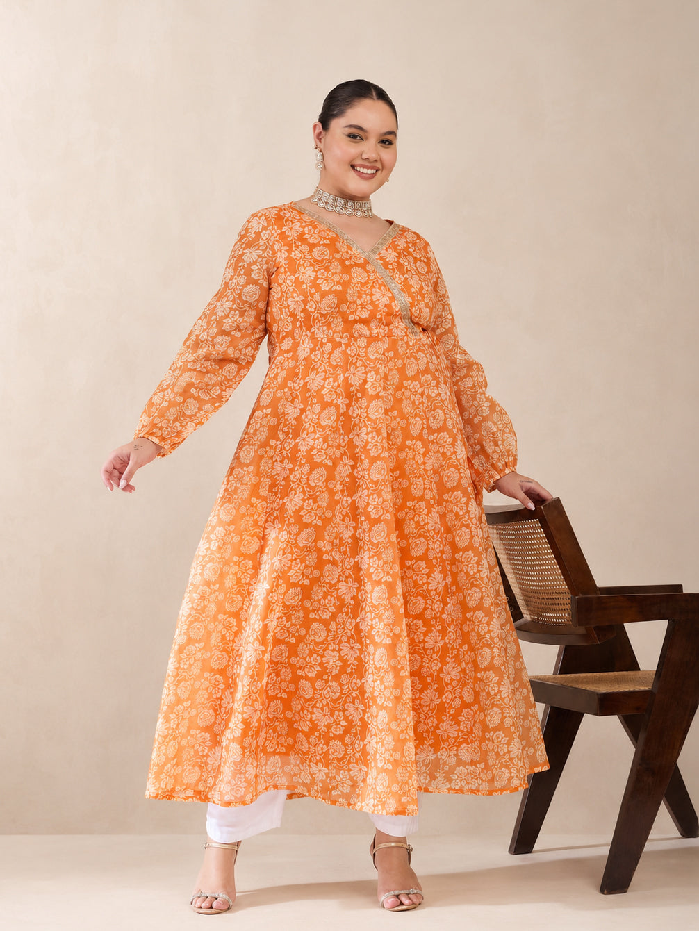 Orange Floral Wrap Anarkali Kurta-Shae by SASSAFRAS