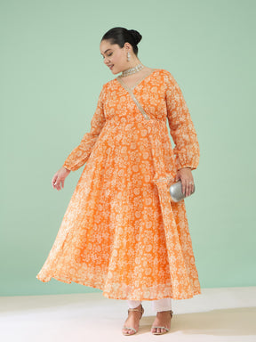 Orange Floral Wrap Anarkali Kurta-Shae by SASSAFRAS