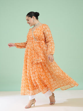 Orange Floral Wrap Anarkali Kurta-Shae by SASSAFRAS