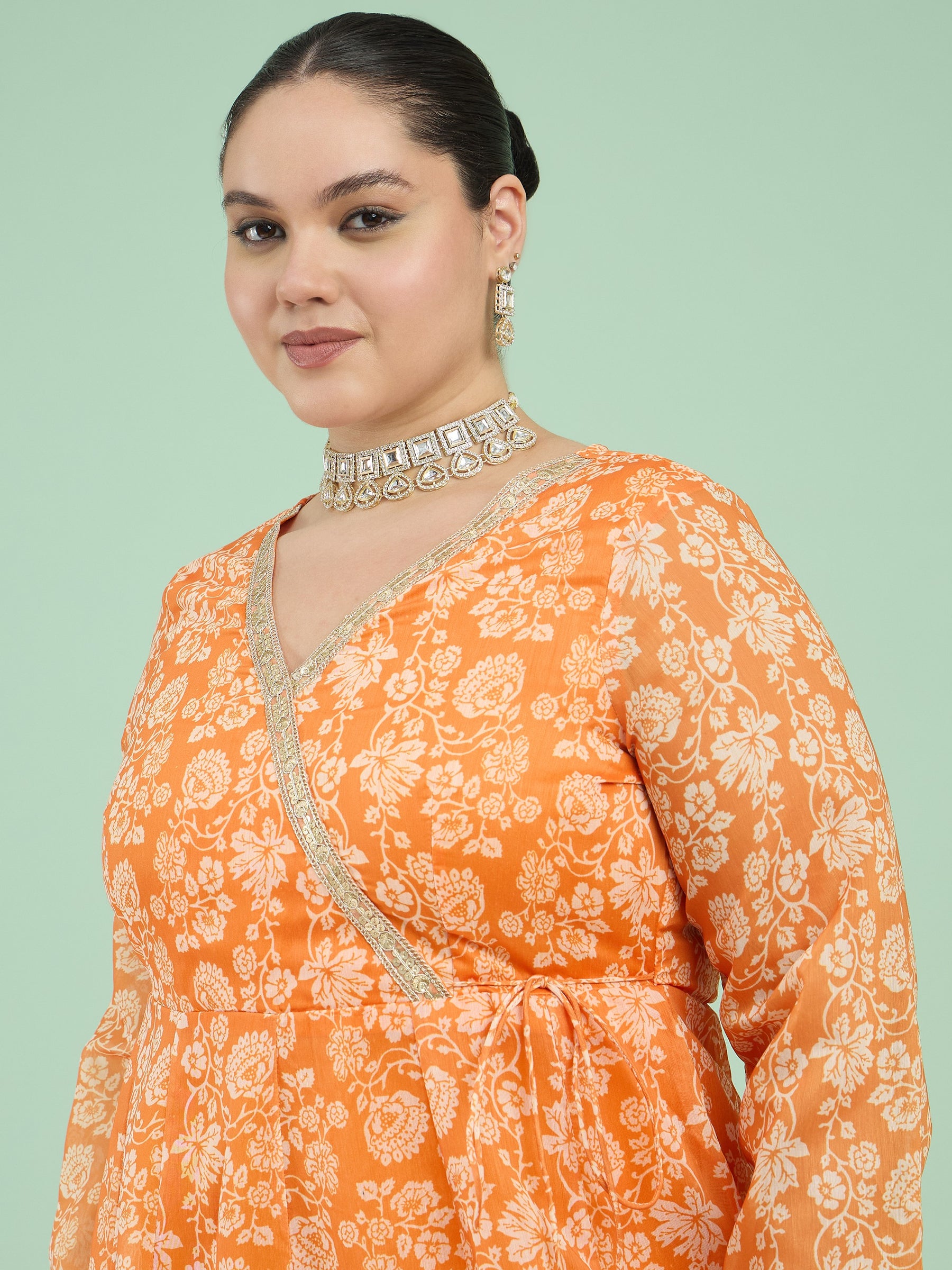 Orange Floral Wrap Anarkali Kurta-Shae by SASSAFRAS