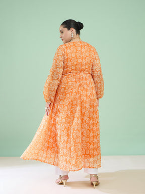 Women Orange Floral Wrap Anarkali Kurta