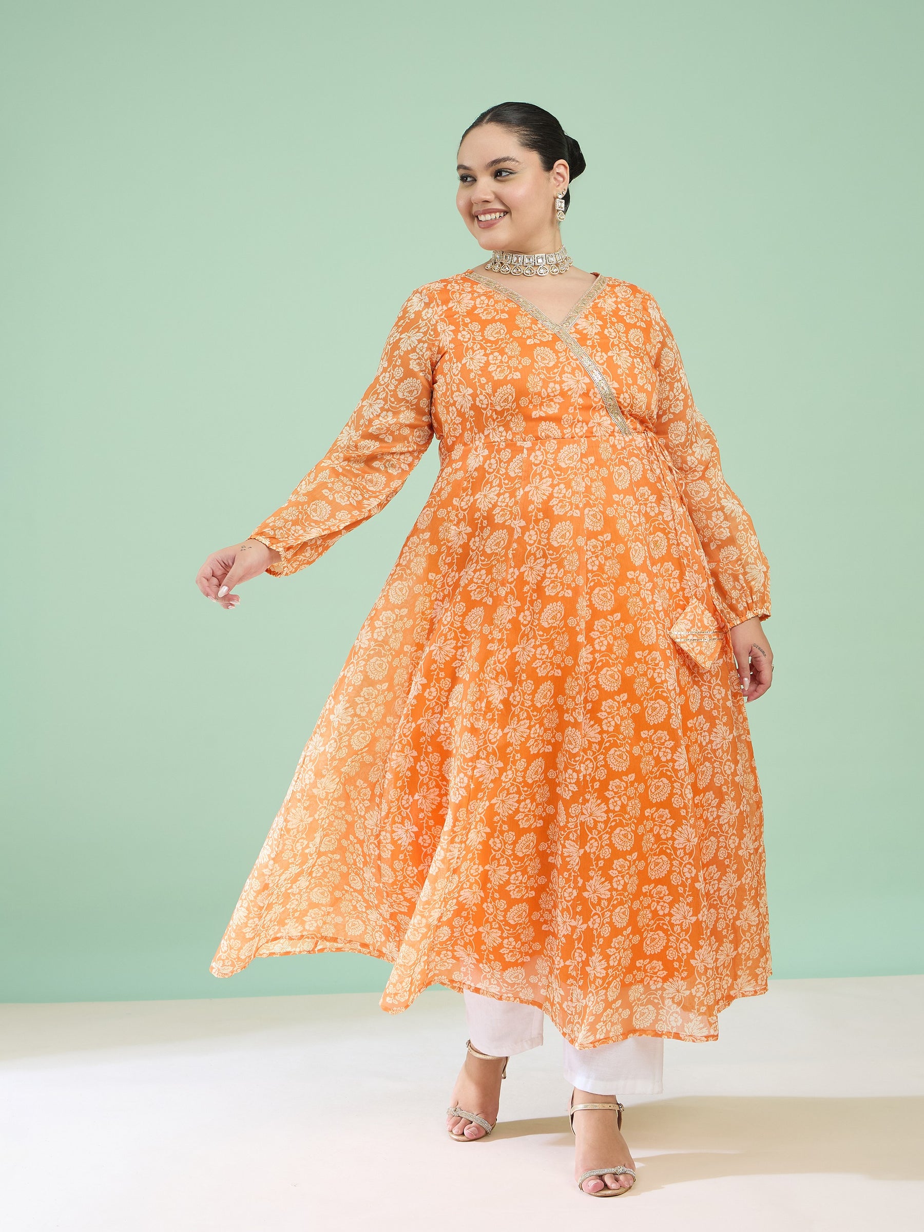 Women Orange Floral Wrap Anarkali Kurta