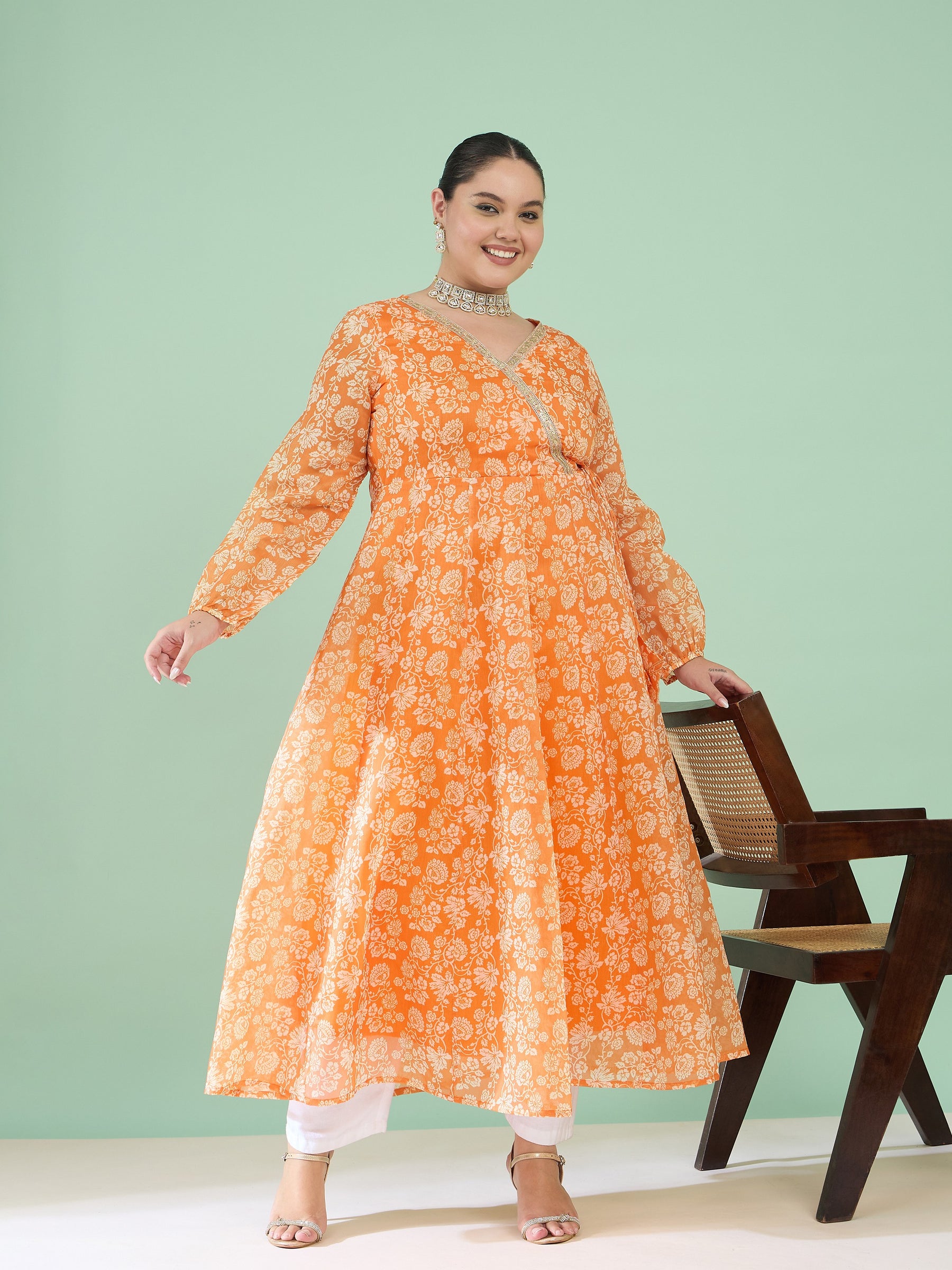 Women Orange Floral Wrap Anarkali Kurta
