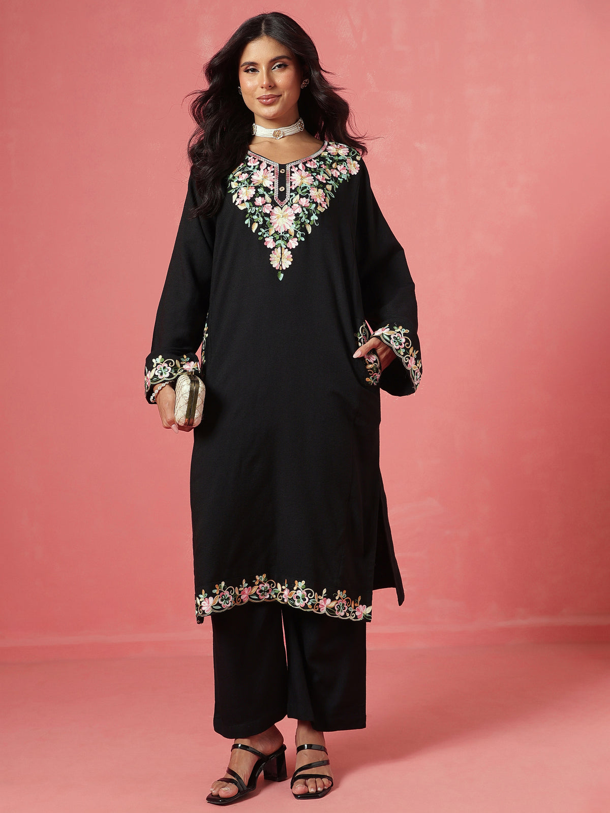 Black Woollen Embroidered Pheran Kurta-Shae by SASSAFRAS