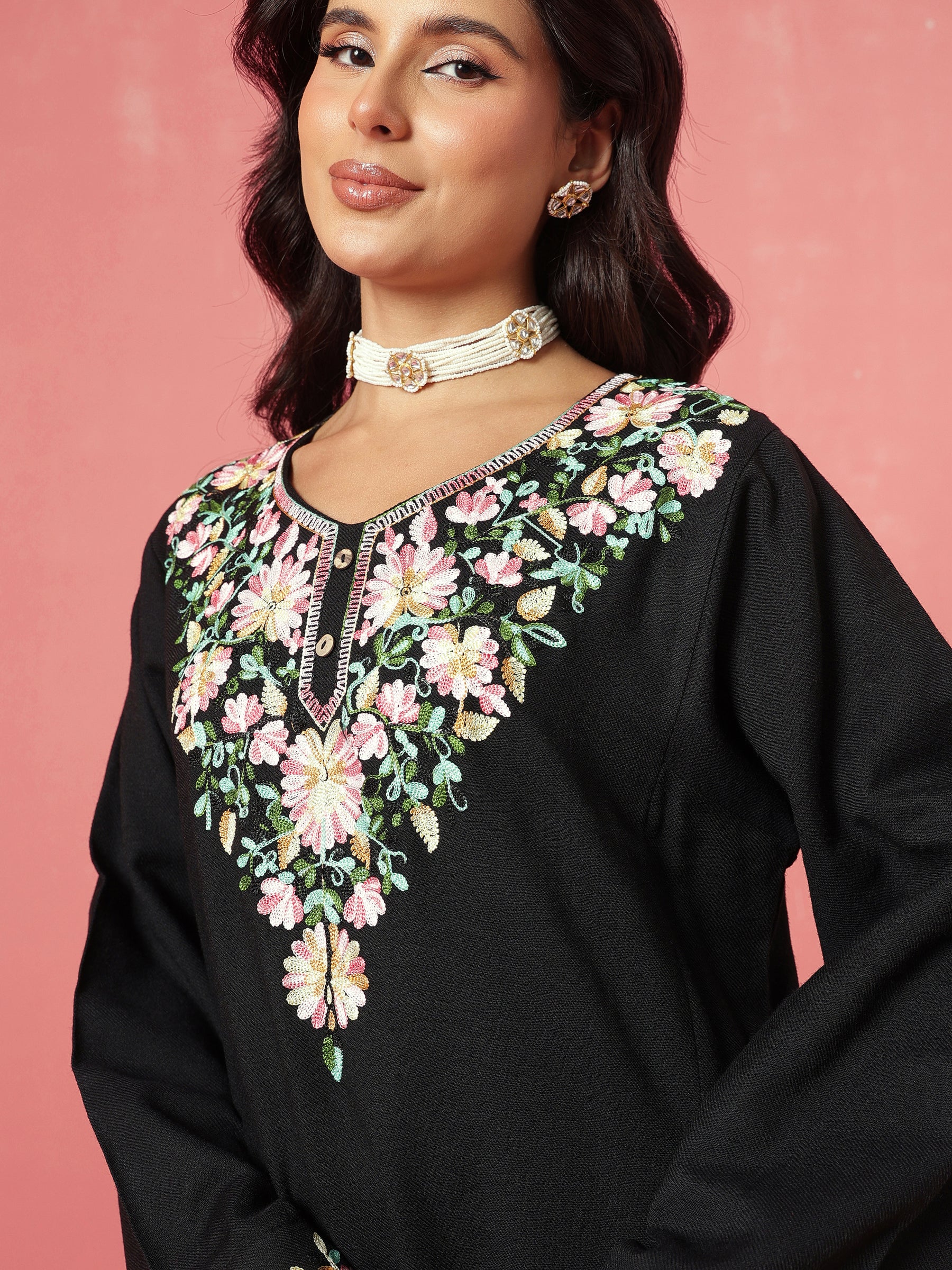 Black Woollen Embroidered Pheran Kurta-Shae by SASSAFRAS