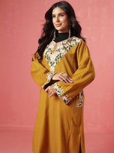 Mustard Woollen Embroidered Pheran Kurta-Shae by SASSAFRAS
