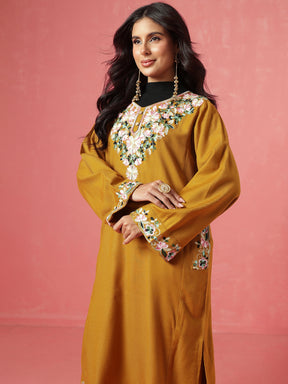 Mustard Woollen Embroidered Pheran Kurta-Shae by SASSAFRAS