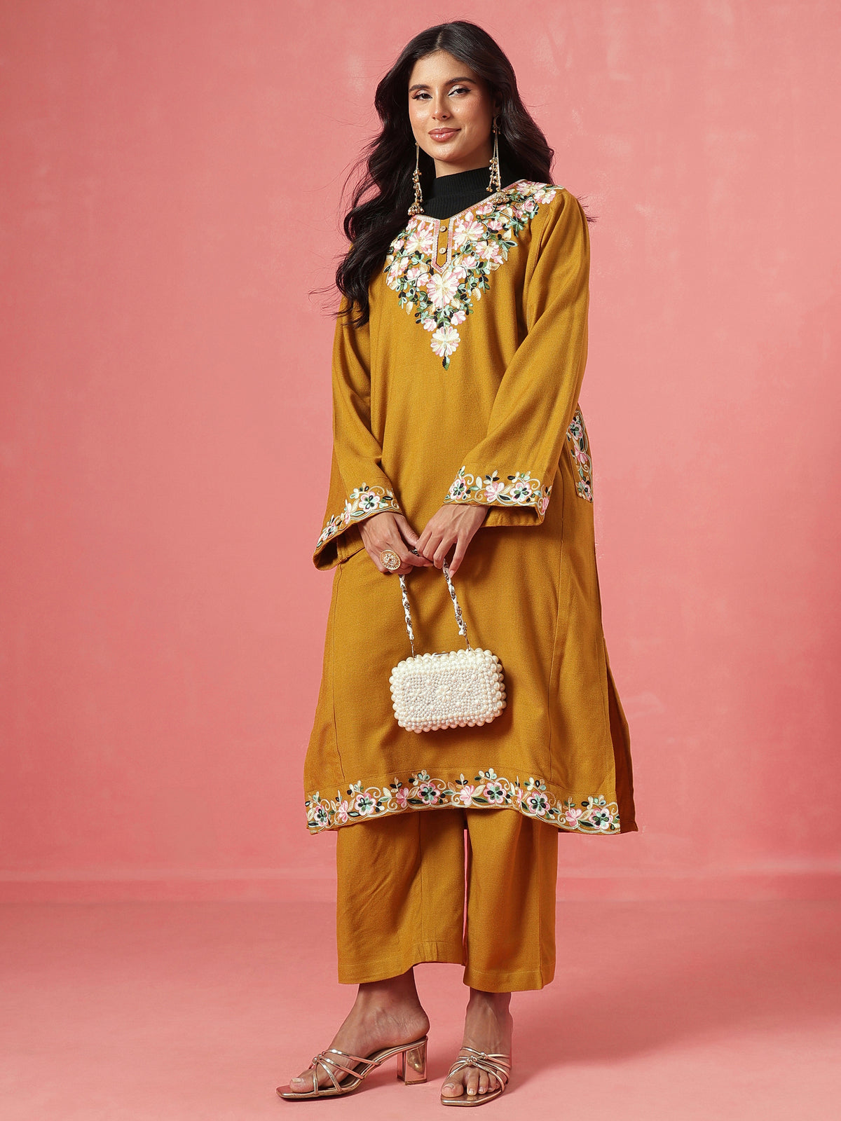 Mustard Woollen Embroidered Pheran Kurta-Shae by SASSAFRAS
