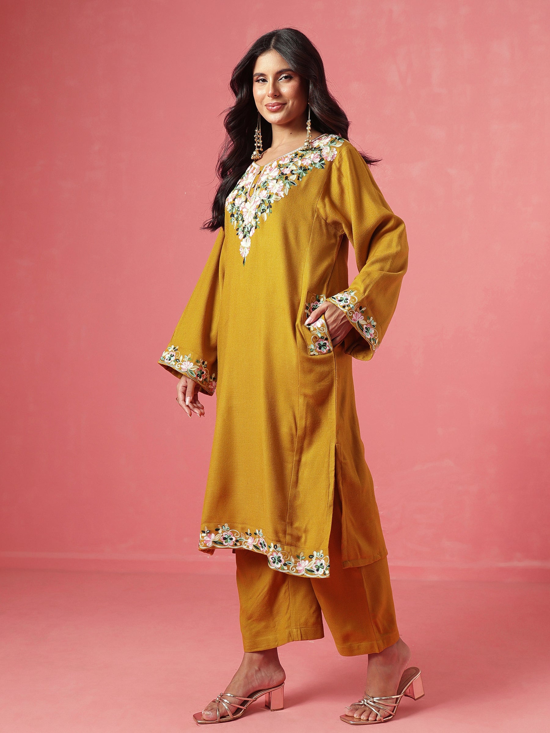 Mustard Woollen Embroidered Pheran Kurta-Shae by SASSAFRAS