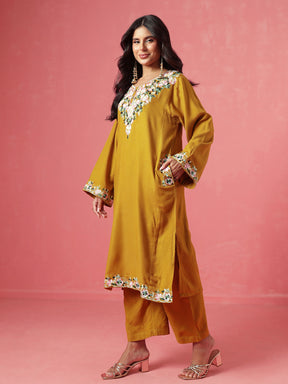Mustard Woollen Embroidered Pheran Kurta-Shae by SASSAFRAS