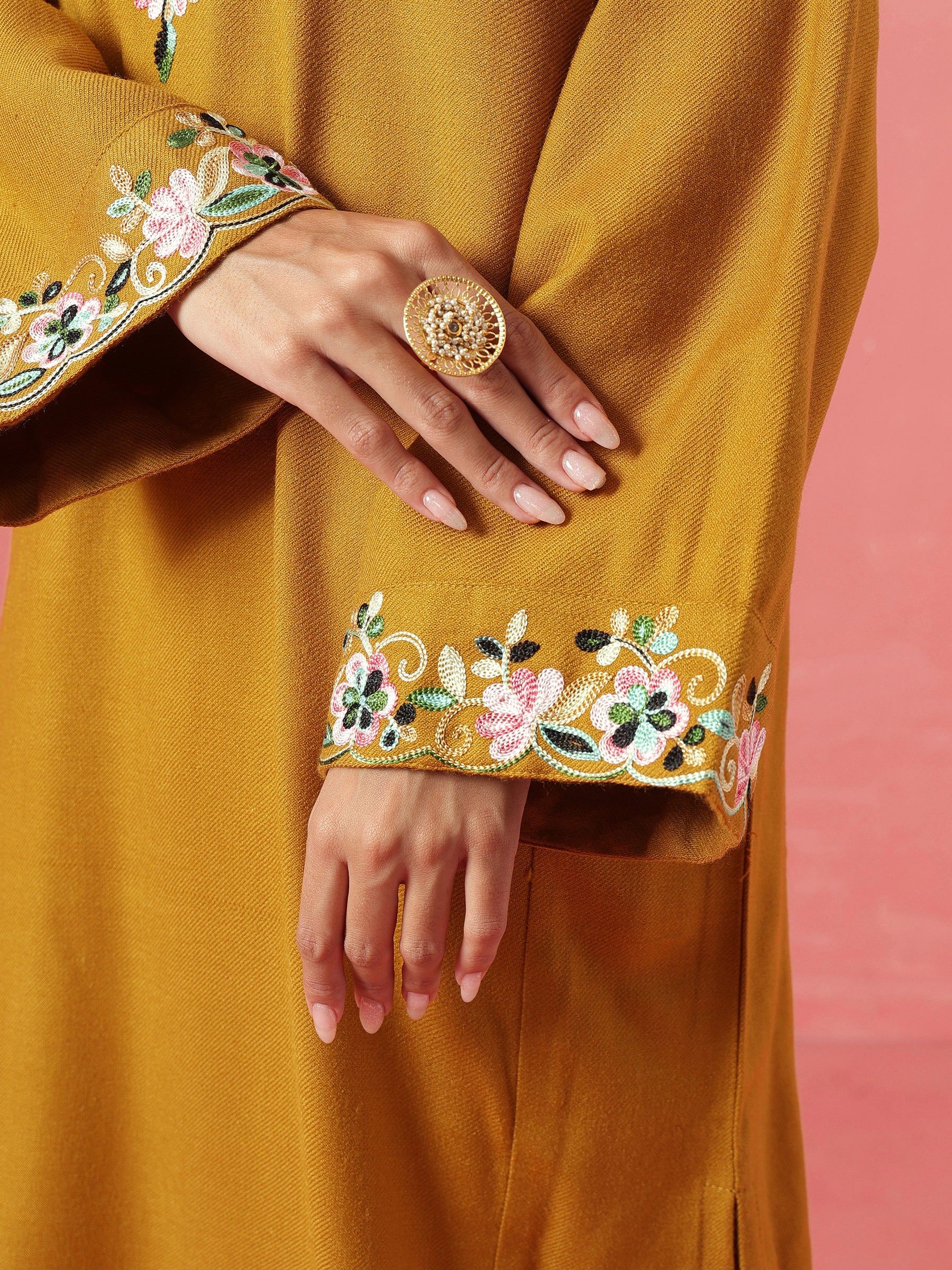 Mustard Woollen Embroidered Pheran Kurta-Shae by SASSAFRAS