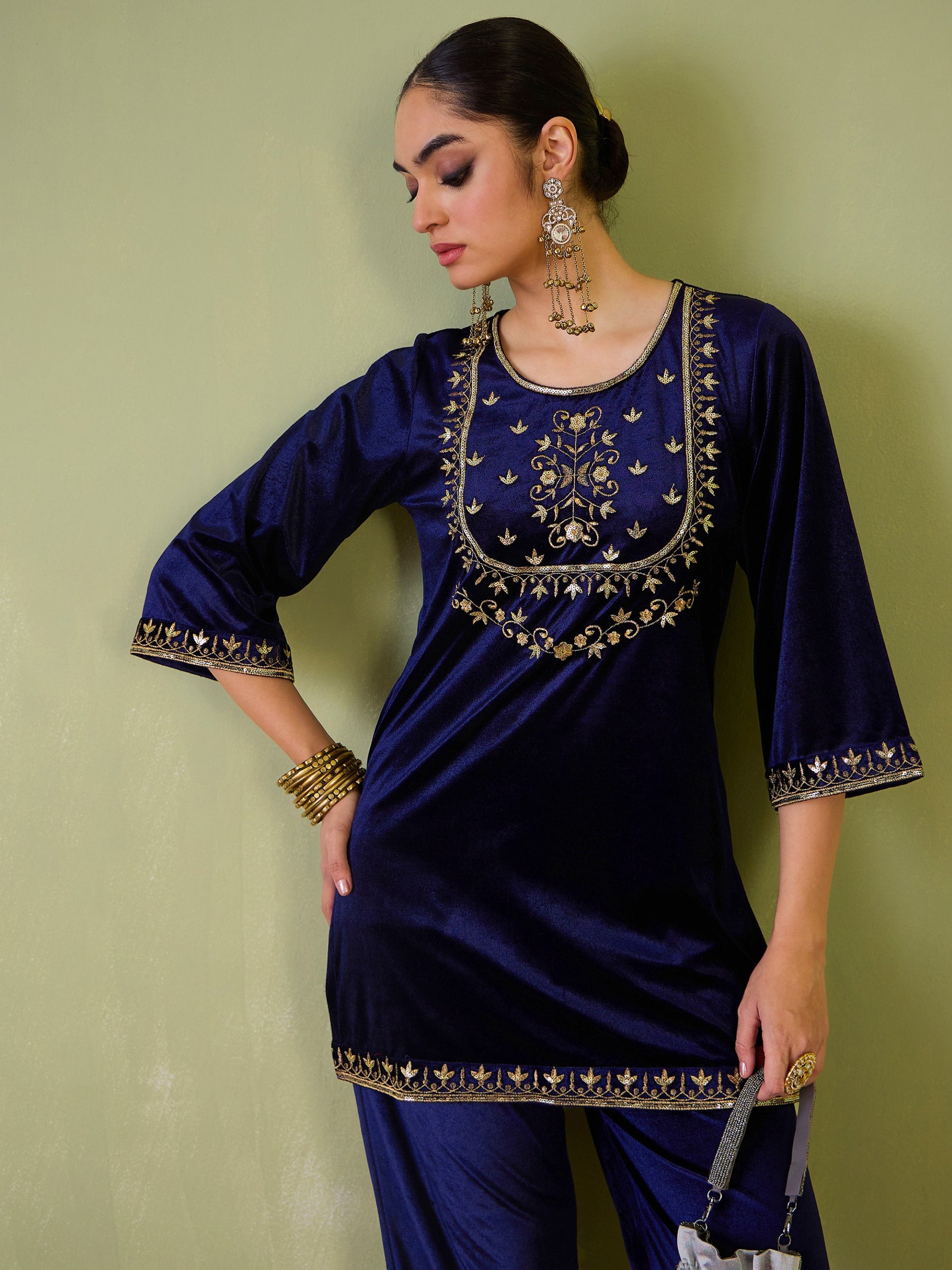 Navy Velvet Floral Zari Embroidered Short Kurta-Shae by SASSAFRAS