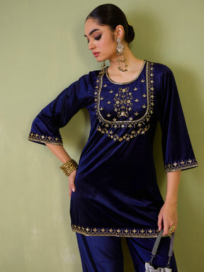 Navy Velvet Floral Zari Embroidered Short Kurta-Shae by SASSAFRAS