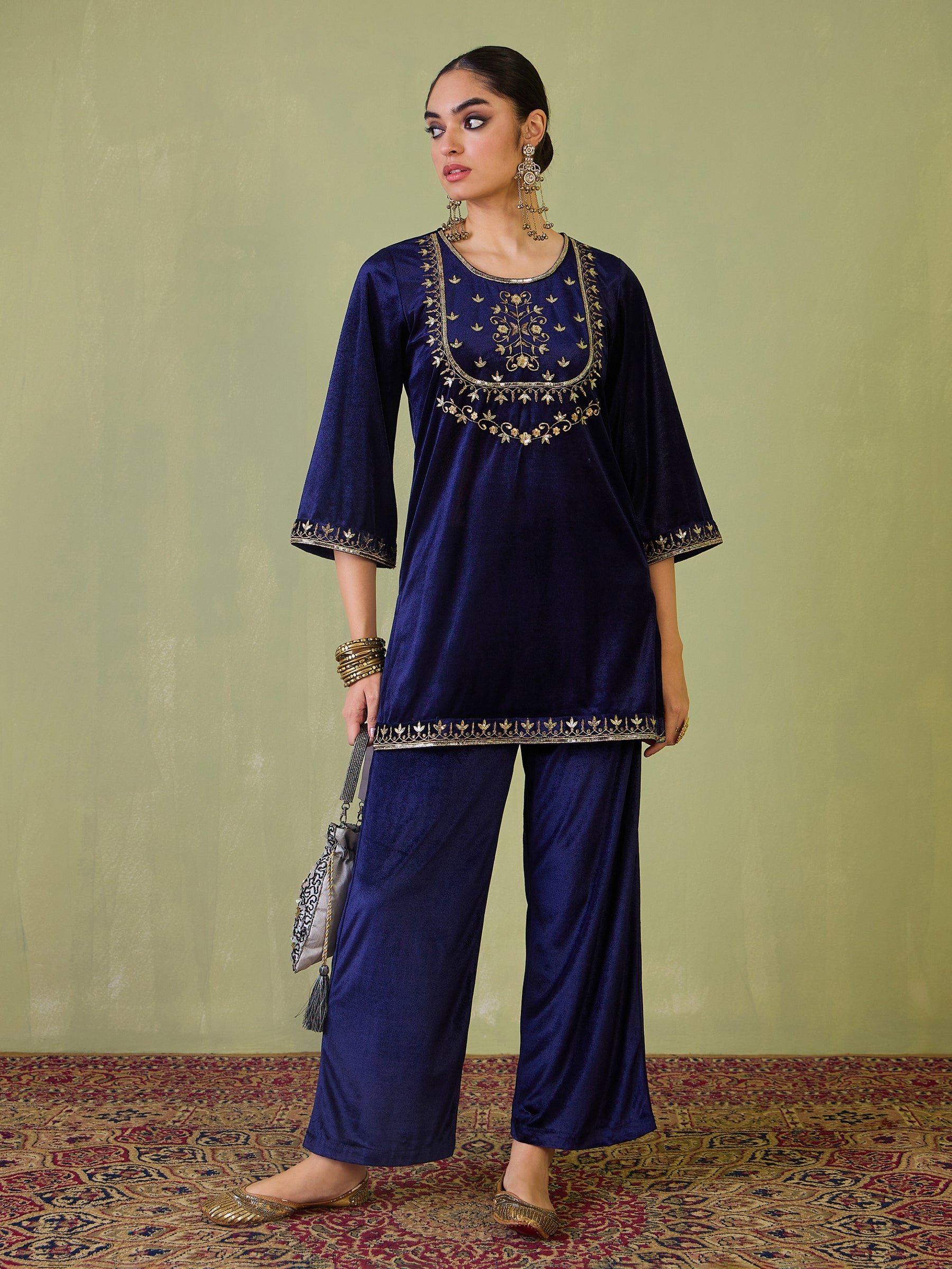 Navy Velvet Floral Zari Embroidered Short Kurta-Shae by SASSAFRAS