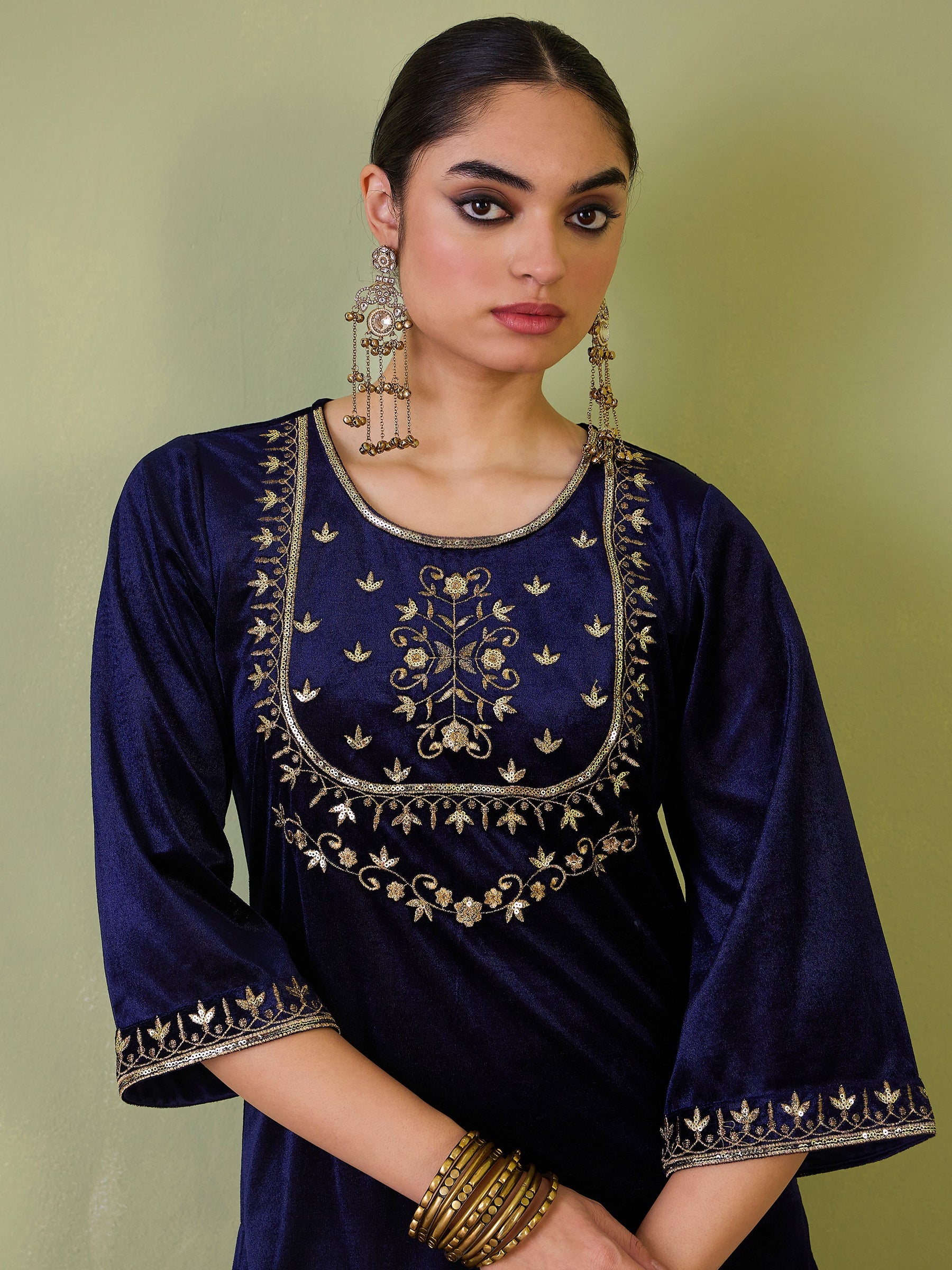 Navy Velvet Floral Zari Embroidered Short Kurta-Shae by SASSAFRAS