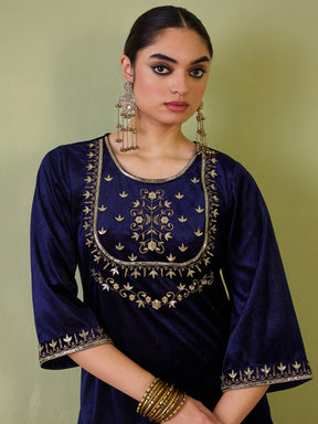 Navy Velvet Floral Zari Embroidered Short Kurta-Shae by SASSAFRAS