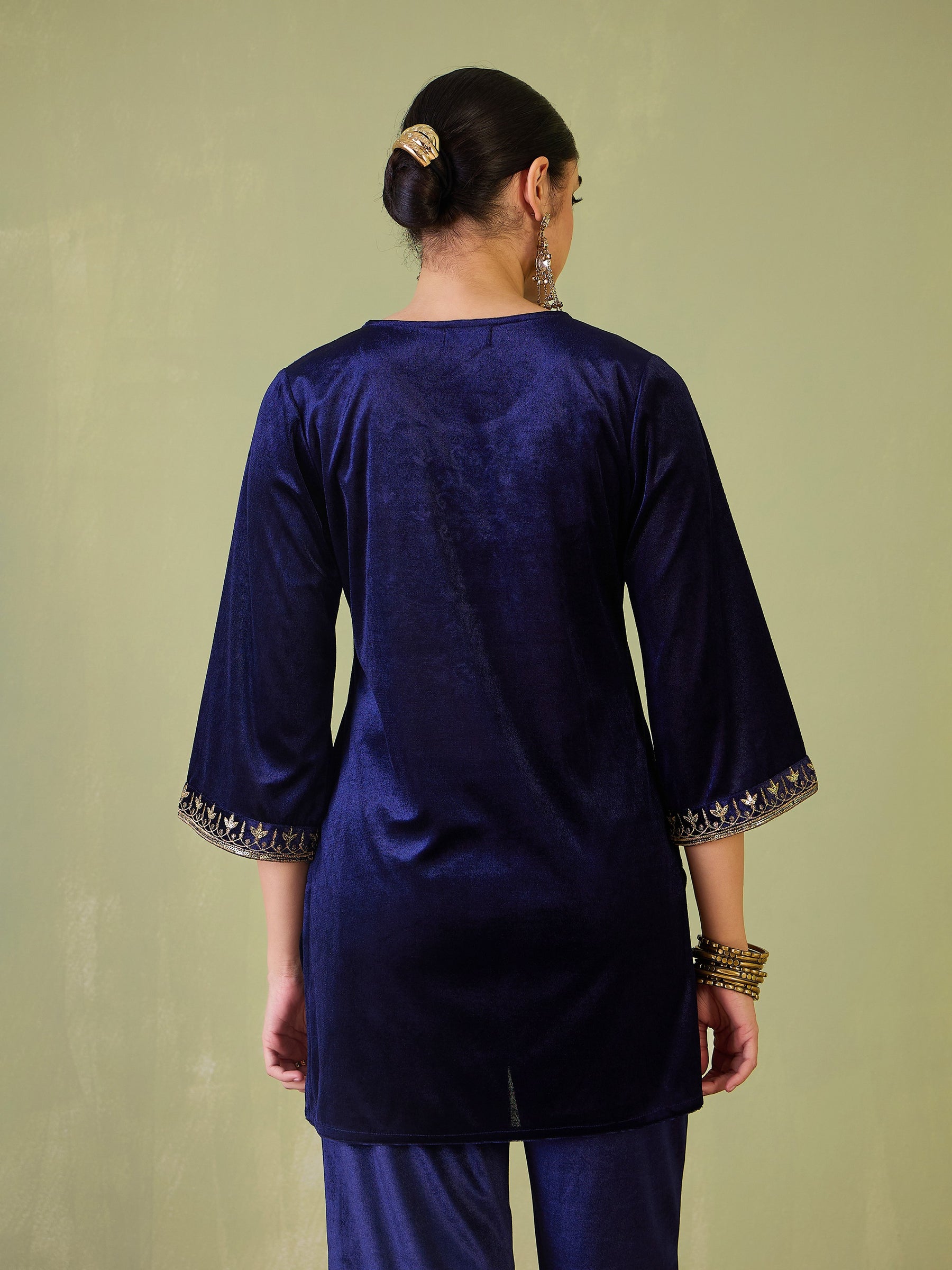 Navy Velvet Floral Zari Embroidered Short Kurta-Shae by SASSAFRAS