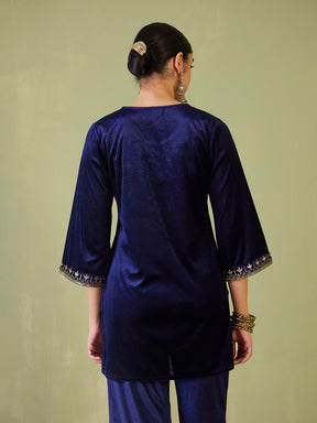 Navy Velvet Floral Zari Embroidered Short Kurta-Shae by SASSAFRAS