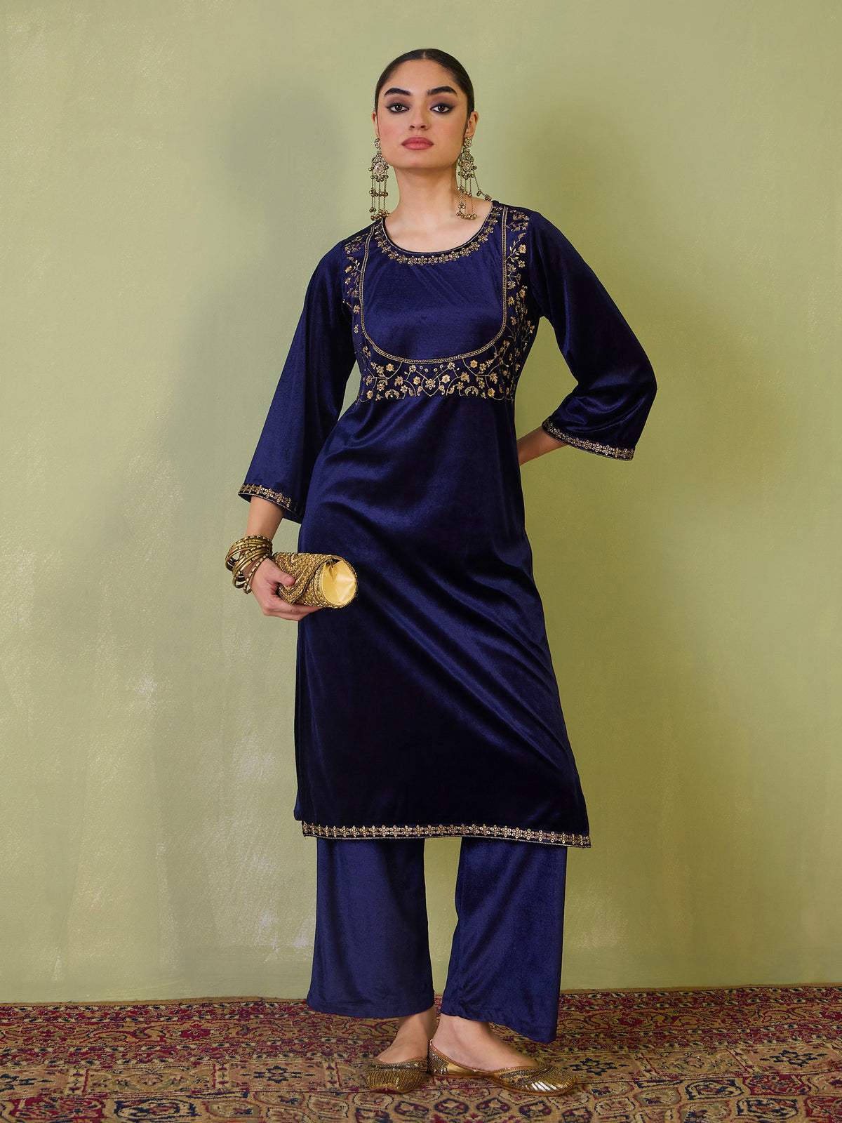Navy Velvet Bodice Zari Embroidered Kurta -Shae by SASSAFRAS