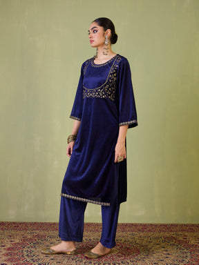 Navy Velvet Bodice Zari Embroidered Kurta -Shae by SASSAFRAS