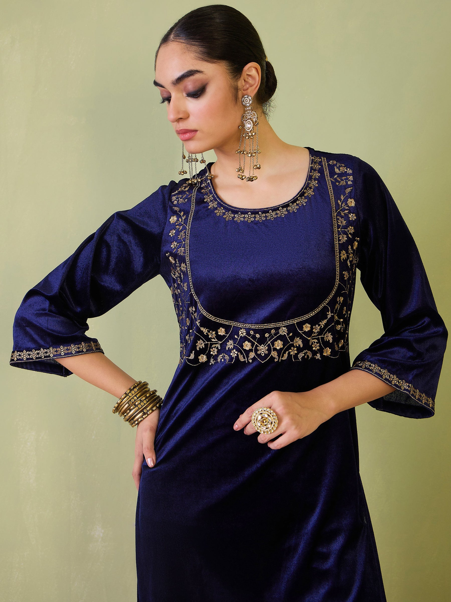 Navy Velvet Bodice Zari Embroidered Kurta -Shae by SASSAFRAS