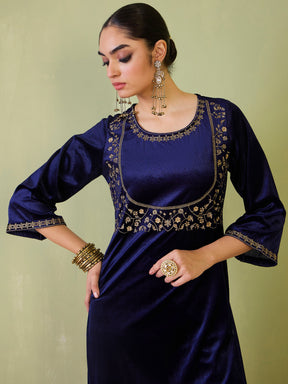 Navy Velvet Bodice Zari Embroidered Kurta -Shae by SASSAFRAS