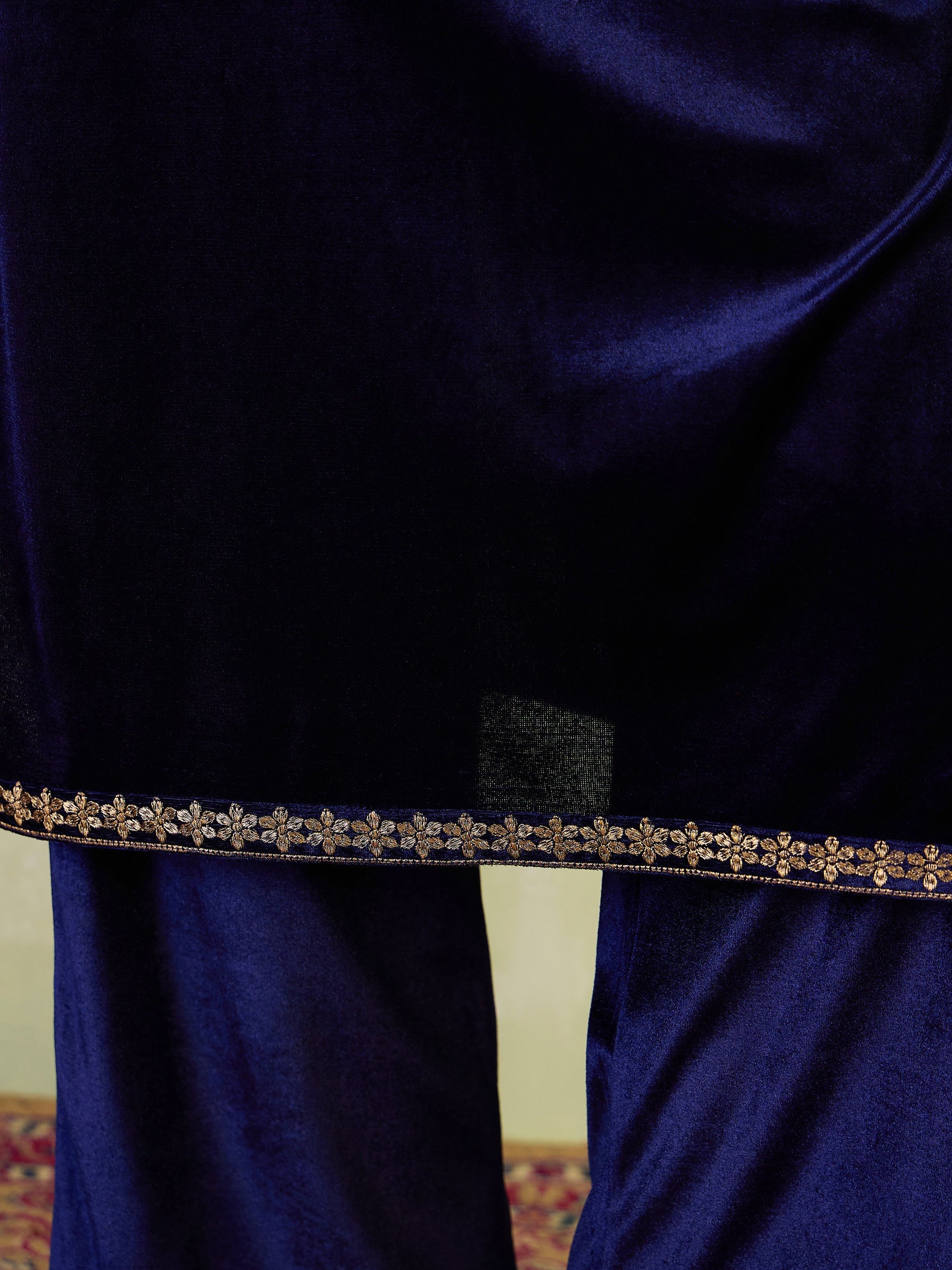 Navy Velvet Bodice Zari Embroidered Kurta -Shae by SASSAFRAS
