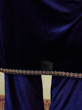 Navy Velvet Bodice Zari Embroidered Kurta -Shae by SASSAFRAS