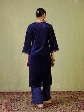 Navy Velvet Bodice Zari Embroidered Kurta -Shae by SASSAFRAS