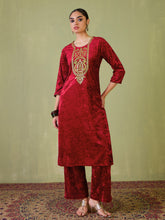 Red Velvet Sequence Embroidered Straight Kurta-Shae by SASSAFRAS