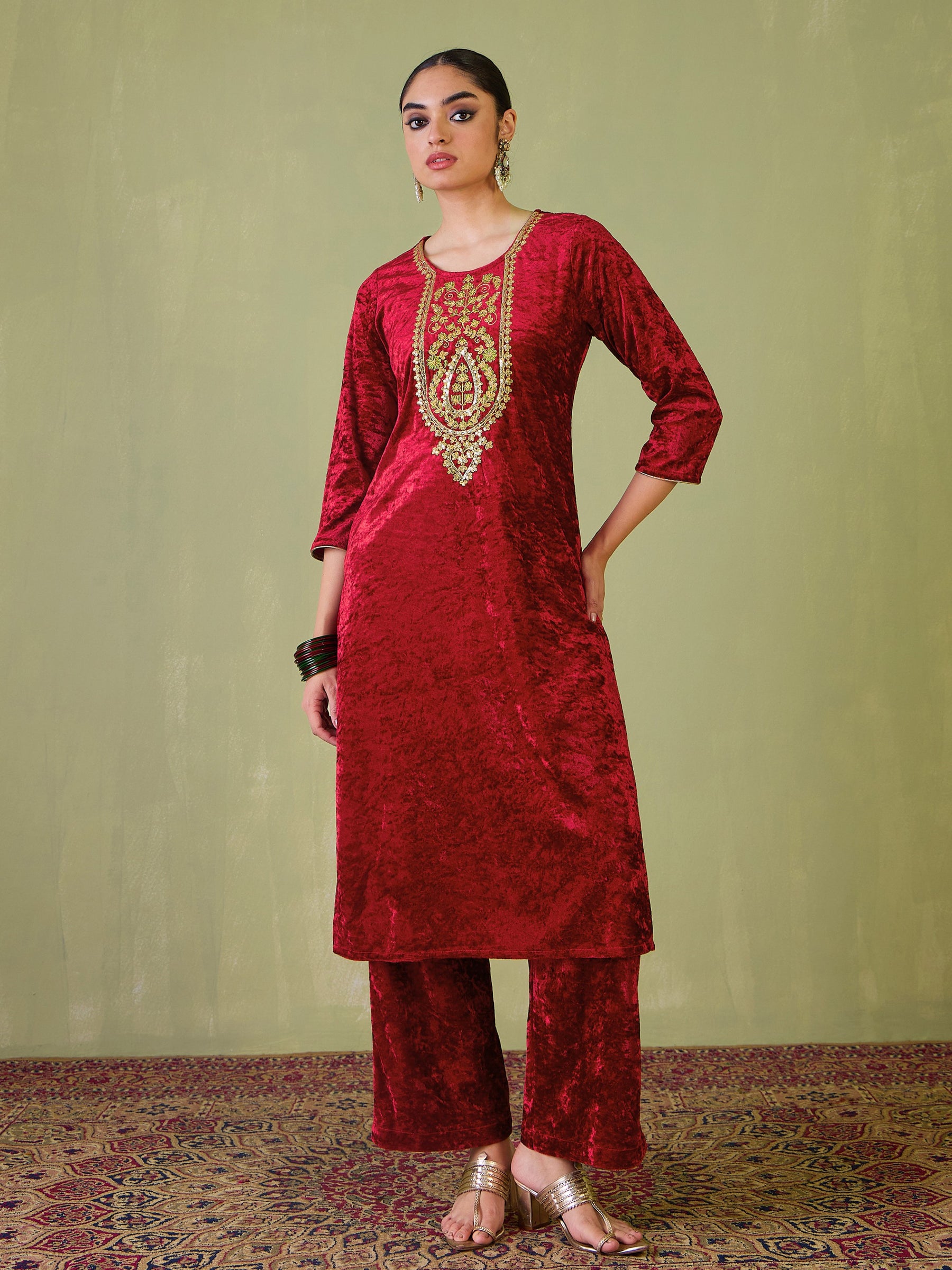 Red Velvet Sequence Embroidered Straight Kurta-Shae by SASSAFRAS