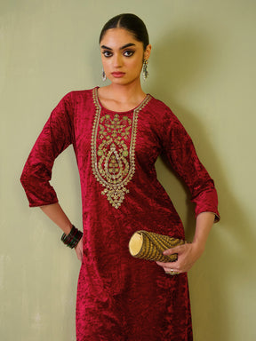 Red Velvet Sequence Embroidered Straight Kurta-Shae by SASSAFRAS