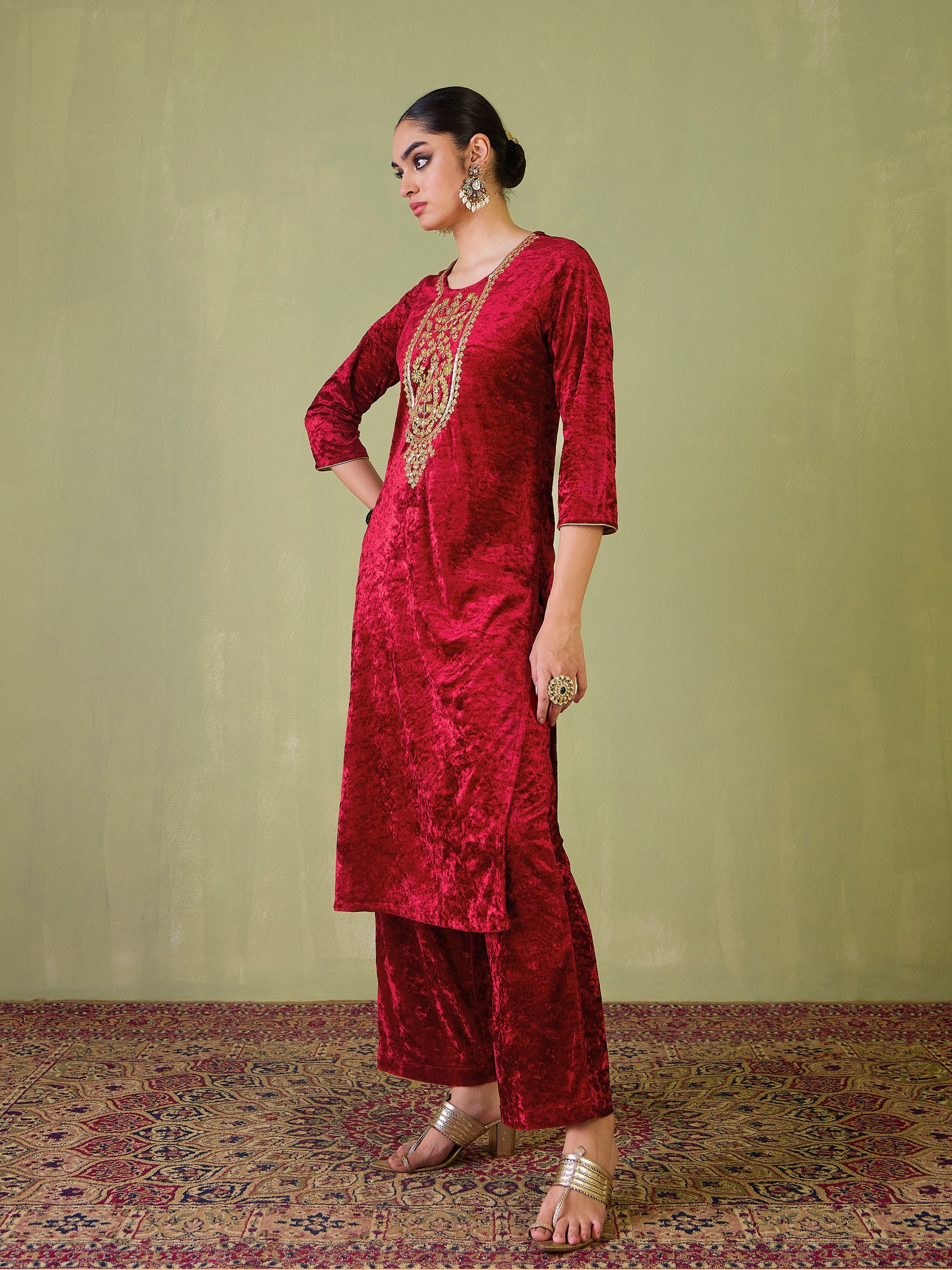 Red Velvet Sequence Embroidered Straight Kurta-Shae by SASSAFRAS