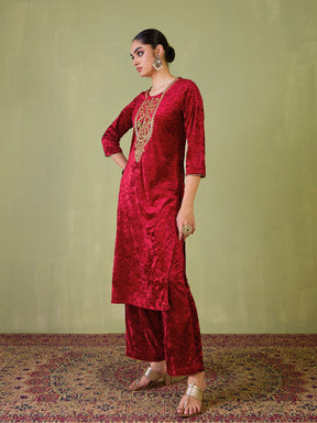 Red Velvet Sequence Embroidered Straight Kurta-Shae by SASSAFRAS