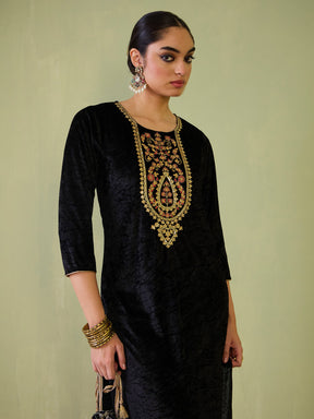 Black Velvet Sequence Embroidered Straight Kurta-Shae by SASSAFRAS