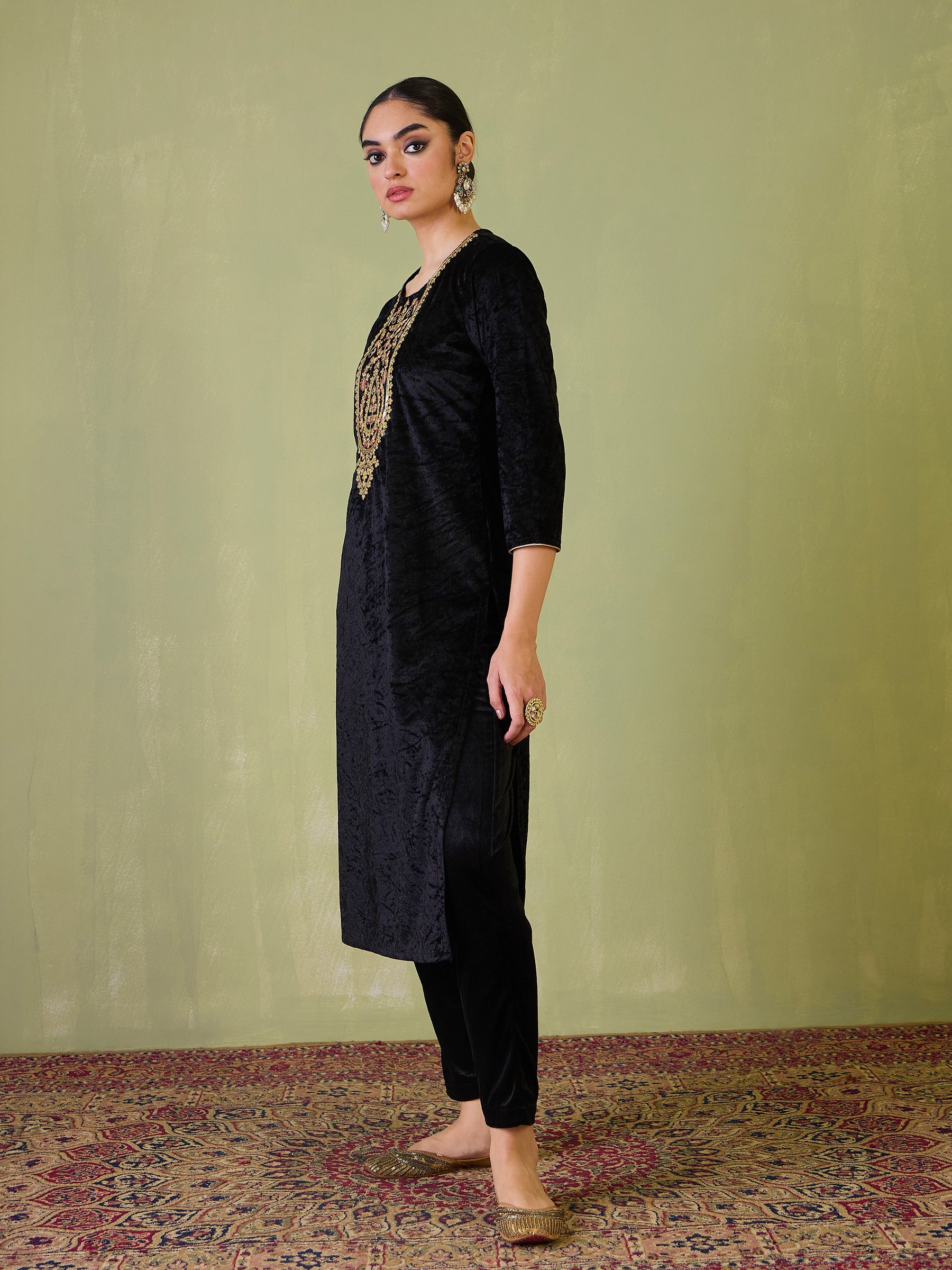 Black Velvet Sequence Embroidered Straight Kurta-Shae by SASSAFRAS