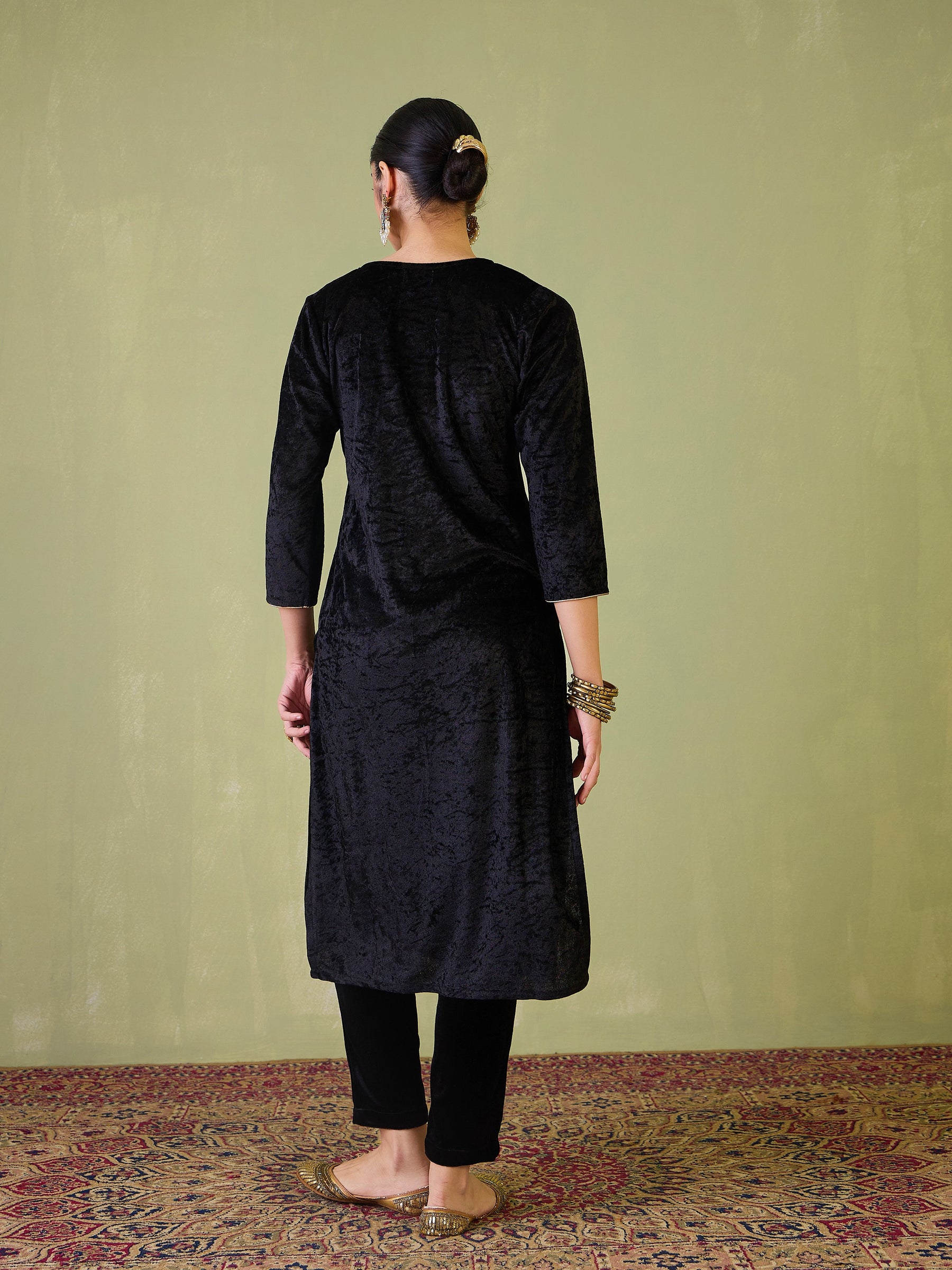 Black Velvet Sequence Embroidered Straight Kurta-Shae by SASSAFRAS