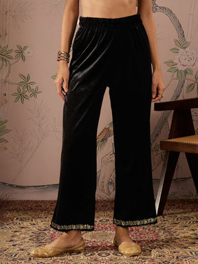 Black Velvet Hem Embroidered Straight Pants-Shae by SASSAFRAS