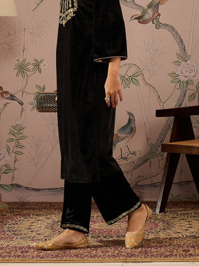 Black Velvet Hem Embroidered Straight Pants-Shae by SASSAFRAS