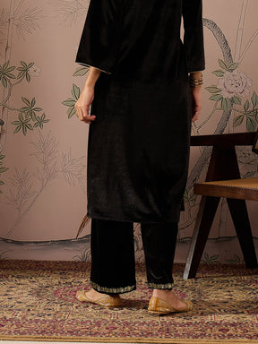 Black Velvet Hem Embroidered Straight Pants-Shae by SASSAFRAS